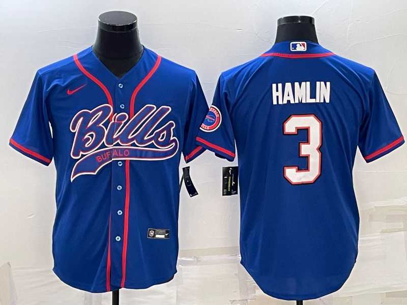 Mens Buffalo Bills #3 Damar Hamlin Blue With Patch Cool Base Stitched Baseball Jersey->buffalo bills->NFL Jersey